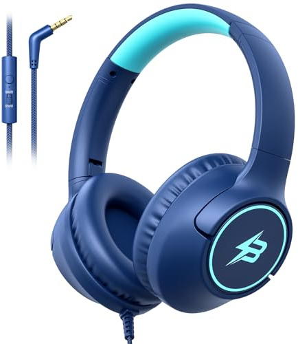 Kids Headphones Wired for School, 85/94dB Volume Limit, Wired Over Ear Headphones for Kids Boys Girls with Microphone, Stereo Sound 3.5mm Cord for Kindle Tablet Airplane Travel, Navy Blue
