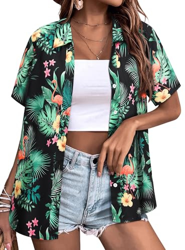 Yihelian Hawaiian Shirts for Women Summer Short Sleeve Top Floral Tropic Printing V Neck Button Down T Shirts Blouses Green