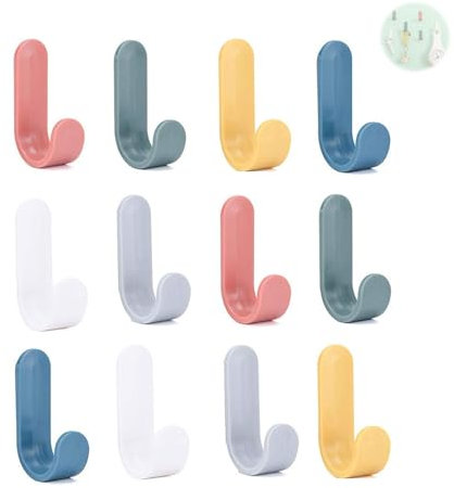Nevoluxer Set di 12 Ganci Autoadesivi, Ganci da Parete Colorati per Bagno, Cucina e Ufficio, Gancio Adesivo, Agganciare Adesivi Muro per Asciugamani, Vestiti e Decorazioni