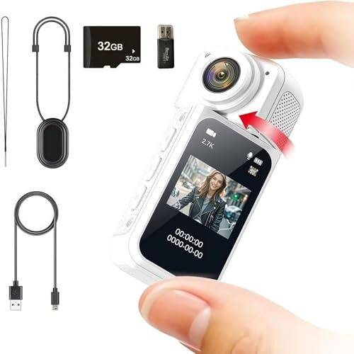 Mini action camera 2.7K indossabile DV Cam con obiettivo rotante a 180°, controllo app WiFi, clip magnetica, videoregistratore portatile per esterni, vlog, viaggi, sport (bianco + scheda di memoria