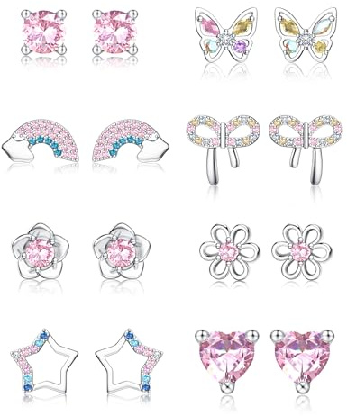 Milacolato 8 Paia Set Orecchini Donna Argento 925 | Orecchini Bambina Anallergici Orecchino a Farfalla Fiore Stella Cuore Piccolo Orecchino Bambina Gioielli