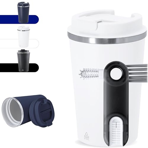 Quodelo Termo Cafe Pequeño | Vaso Termo Cafe para Llevar con Interior Cerámico | Taza Termica 350ml | Vasos Termicos Frio y Calor con Utensilio de Limpieza | Vaso Termico Cafe para Llevar Blanco