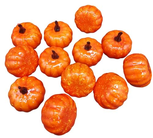 Set di 12 mini zucche artificiali e realistiche per giardino, decorazione autunnale, giorno del Ringraziamento o Halloween (arancione, taglia unica)