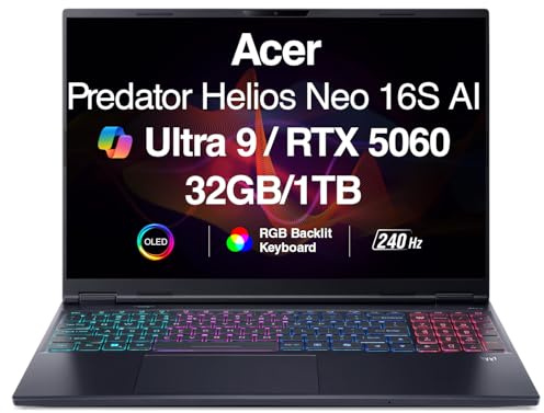acer Predator Helios Neo 16 AI Gaming Laptop | 16 WQXGA 240Hz | Intel Core Ultra 9 275HX | NVIDIA GeForce RTX 5060 | 32GB | 1TB | Win 11