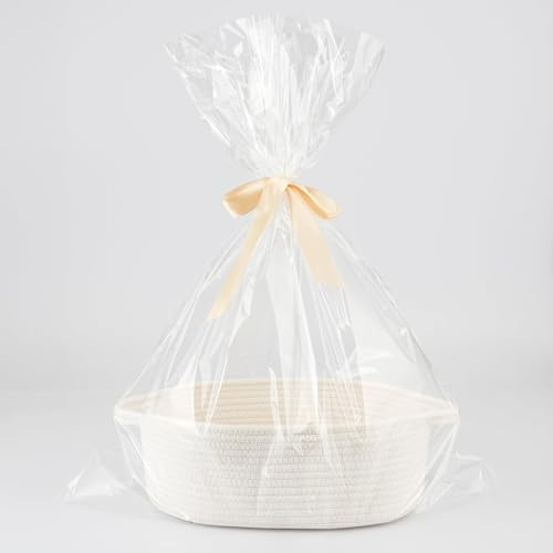 Cesta de regalo vacía de cuerda de algodón trenzada con bolsa y cinta, Canasta de Cumpleaños, cesta tejida con asas decorativa para envolver regalos, baño, salón, cestas de almacenamiento, Blanco