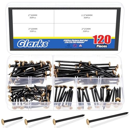 Glarks 120pcs 2 x 20/25/30/40mm Picture Hanger Nails Kit, Gold-Colored Head Picture Hanging Nails, Unghie di pittura per calcestruzzo, mattoni e legno parete, cornici sospesi, opere d'arte
