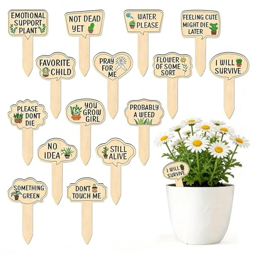 15 Pcs Plants Markers, Wooden Plant Labels, Funny Plants Signs Stake, Cute Patterns Tags Labels with Interesting Words, Plant Gift for Outdoor Indoor Patio Supplies Novelty Gifts