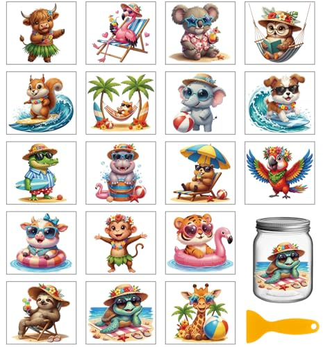 GLOBLELAND 18 Blatt Sommerferien-Tiere Abziehbilder Aufkleben für Bastelprojekte 10 x 9 cm Flamingo Koala Nilpferd bunte Aufkleber Aufkleben für Bastelprojekte, zur Dekoration von Flaschen Gläsern