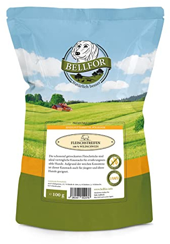Bellfor Fleischstreifen Wildschwein Gesunder Hundesnack - 100 g. Wildschweinfleisch aus regionaler Herkunft – getreidefreier Kauartikel für Hunde, ganz ohne Zusatzstoffe.