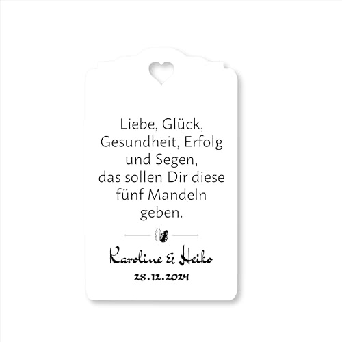 Personalisierte Geschenkanhänger mit Mandelspruch – Mandel Spruch Anhänger – 300 g Papier – 8 x 4,8 cm – verschiedene Farben – für Hochzeit & Feste