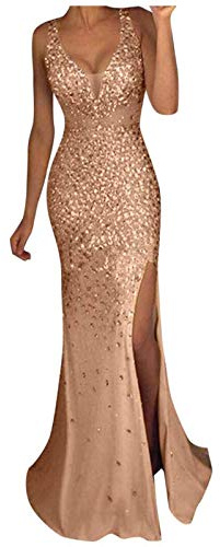 Lazzboy Cocktailkleider Damen Hochzeitskleid Frauen Festliches Kleid Pailletten Prom Party Ballkleid Gold Abend Brautjungfer V-Ausschnitt Lang Partykleid High Split Abendkleider