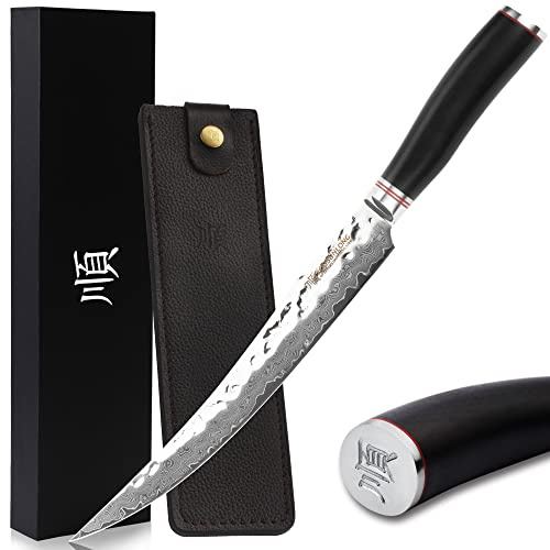 YOUSUNLONG Coltello per affettare e intagliare 25,4cm Acciaio martellato giapponese Damasco - Affettatrice per prosciutto affilata come un rasoio - Manico in ebano naturale con fodero in pelle