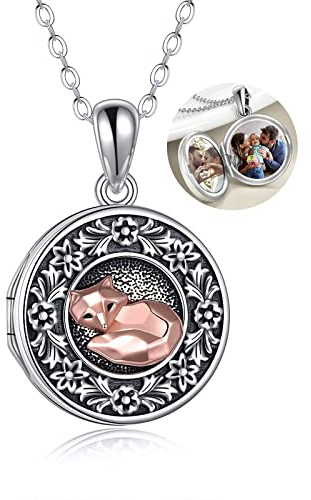YAFEINI Fuchs Medaillon Kette mit Bildern 925 Sterling Silber Blumen Fuchs Halskette Fuchs Schmuck Geschenke für Damen Herren