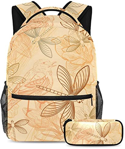VAPOKF Retro Dragonfly Parrot Sunflower Paint School Bag Set for Teen Girls Boys Kids, Student Bookbag Backpack Rucksack with Pencil Case for Primary Secondary Junior