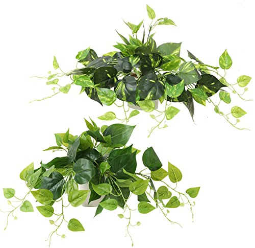 TOTOGA Fake Pothos 2 Pack Artificial Fake Plants Fake Potted Plants for Wall Home Room Office Indoor Decor
