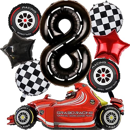 iUgeeo 8th Vintage Birthday Party Decorations with Inflatable Red Car Tyres Stars Checkered Number 8 Balloons for Eight-Year-Old Boys Girls Race Car Party Room Backdrop Decor, 8 Pcs/set