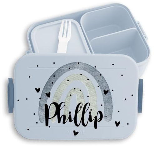 Kinder Bento Box Midi Lunchbox für Mepal Bentobox - Regenbogen Brotdose Rainbow mit Name Jausenbox I - 900 ml - Hellblau - personalisierte brotdosen vesperbox mädchen schule personalised