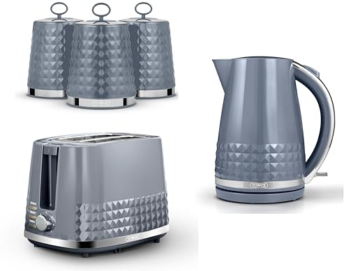 Tower Solitaire Grey 1.5L 3KW Jug Kettle, 2 Slice Toaster & Tea, Coffee, Sugar Canisters. Matching Contemporary Design Kitchen Set of 5 in Grey