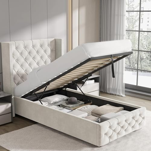 Upholstered Ottoman Bed Single Bed Frame UKFR Velvet Beige Ottoman Storage Bed with Gas Lift End Opening Wooden Slats with Storage Bed (3ft Single 90 x 190, No Mattress)