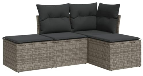 vidaXL Garten Sofa Garnitur 4-TLG., Gartenmöbel Set mit Kissen, Sitzgruppe für Garten Terrasse, Modular Gartensofa Hocker Lounge, Grau Poly Rattan