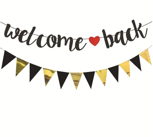 Glitzer Welcome Back Banner Schwarz, Willkommen Zuhause Girlande, Welcome Home Deko, Herzlich Willkommen für Einschulung, Klassenzimmer, Familie Deko