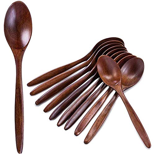 Booso Lot de 10 cuillères à soupe en bois naturel à long manche pour manger, mélanger, mélanger et – 18 cm