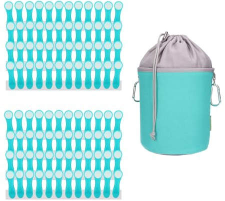 96 Wäscheklammern mit Druckfedern aus Edelstahl, Softtouch Türkis, 1 Canvas Wäscheklammerbeutel Türkis Grau