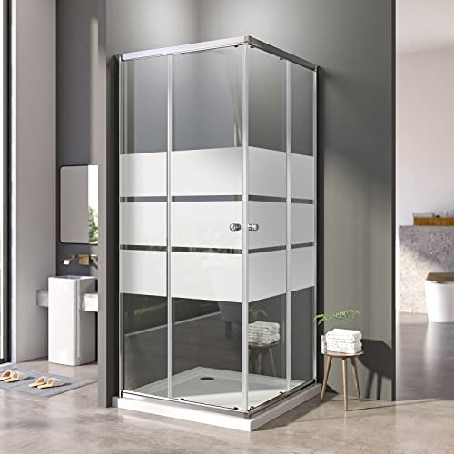 Duschkabine 100x100x185 cm Eckeinstieg Dusche Doppel Schiebetür Duschabtrennung mit Gestreift 6mm ESG Glas Komplettdusche,Silber
