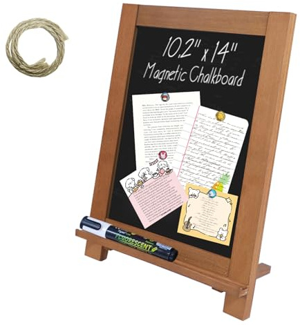Newzealkids Tabletop Chalkboard Signs 10.2x14 Magnetic Small Chalkboard Sign, Desktop Standing/Wall Hanging Blackboard with Liquid Chalk Marker, Wood Framed Menu Board for Kitchen, Café, Home Decor