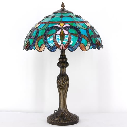 ZJART Tiffany Table Lamp Stained Glass 16X16X24 Green Brown Jewelry Baroque | Antique Reading Light