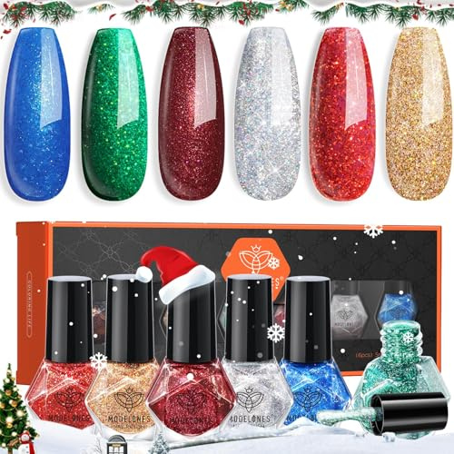 MODELONES Nagellack 6 PCS, Nail Polish Rot Glitzer Grün Blau Silber Gold, Nagellack Schnelltrocknend, Langanhaltender Weihnachten für DIY Salon Geschenk für Maniküre Salon