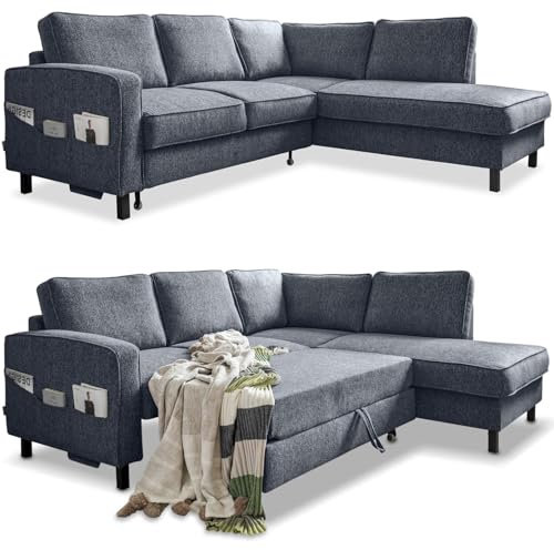 MIUFORM Molly L | limitierter Polsterstoff | 6 Sitzer Ecksofa | L-form rechts | 233 x 198 x 88cm Couch | Klappsofa mit Schlaffunktion | Schlafsofa klappbar (Dunkelblau)