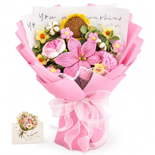 YSHomy Crochet Flower Bouquet, Pink Knitted Sunflower Gift for Women