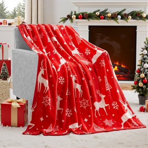 Joiedomi Rotes Rentier Weihnachtsdecke (130x150cm), Weiche Flanelldecke, Warme Plüsch Weihnachtsdekoration, Gemütliche Hüttendecke für Sofa Couch