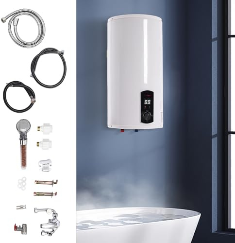 MEELRYD 50 L Boiler, 220V Elektro Warmwasserspeicher Wandmontage Warmwasserboiler Rostfreier mit 50L Speicher und 25-75°C Einstellbare Temperatur mit Wasserhahn Duschkopf (Weiß)
