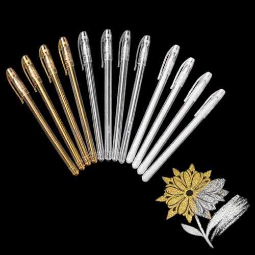 12 Stück Weißgold Silber Glitzerstifte Gel, 0.8mm Weißer Gelstift, Wasserfesten Feine Spitze Gelstifte, Weißer Stift für Schwarzes Dunkles Papier Zeichnen Skizzieren, Gelschreiber für Zeichnung DIY