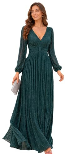 Ever-Pretty Women's Glitter A Line V Neck Pleated Long Sleeve Evening Dress 01961