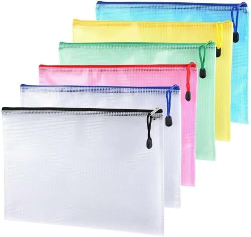 A4 Plastic Zip Wallet File Mesh Bags Storage Document Folder Waterproof Pouch for School Office Homework Travel Storage Bags Size (Pack of 6) (A4)