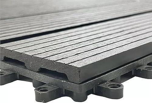 Interlocking Decking Floor Tiles - WPC Plastic Composite for Garden, Patio, Balcony, Terrace Anti-Slip, Waterproof, Click System - Light Brown, Grey, Black, Set of 11, 1m² (Black)