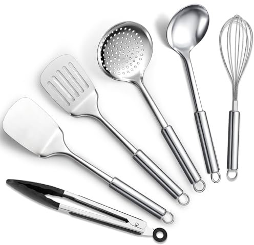 ReaNea Juego de utensilios de cocina de acero inoxidable 6 piezas incluye juego de espátula de metal, espumadera, cucharón, pinza, batidor esenciales Nuevo hogar debe tener