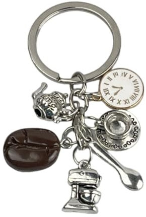 Porte-clés café - Porte-clés avec montre, théière, grain de café, tasse avec soucoupe, cuillère et batteur électrique - Accessoire pour clés amateurs de café, thé, théière - Porte-clés unisexe homme