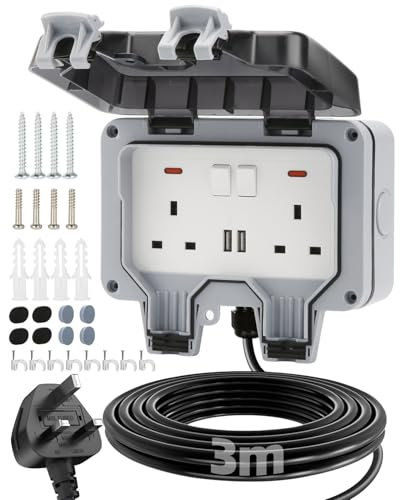 Olutula Outdoor Socket 3m Extension Lead 2 USB Ports Outdoor Double Socket Waterproof IP66 13Amp Weatherproof Outdoor Sockets Switch Indicator Light Wall Electrical Outlet Socket Box for Garden
