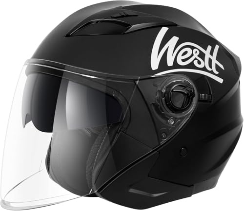Westt Jet Casco Moto Certificado ECE 22.06 Hombre Mujer Casco de Moto con Doble Visera capacete Casco Jet Scooter Trail, Negro Mate, M (57-58 cm)