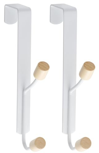 MACOLE Over Door Hook Hanger with Wooden Knobs, Extra Strong Coat Towel Clothes Rack, Heavy Duty Stainless Steel, Rustproof, No Damage Install for Bedroom Bathroom Hallway, White Set of 2