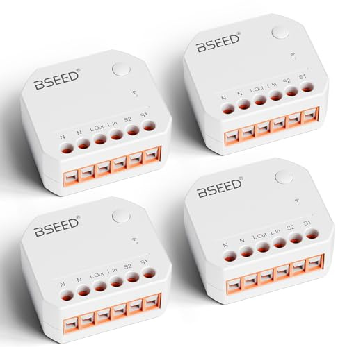 BSEED Smart Interruptor de Relé 4 Pack, WiFi Smart Switch 250V con Control Remoto y de Voz, Mini Interruptor Automático Funciona con Alexa y Google Home 2,4 GHz, 10A (Requiere Cable Neutro)