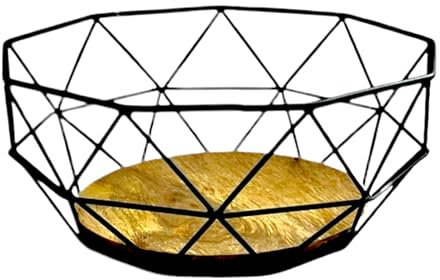 Nobel Geometric Wire Fruit Bowl with Wooden Base, Black Metal Frame, 30 x 20 x 14 cm