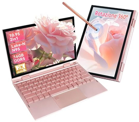 IUGNG 10,95 Zoll 2-in-1 Touchscreen Rosa Notebook, Celeron N95 Laptop (bis zu 3,4 GHz) 16 GB DDR5 RAM, QWERTZ-Tastatur, kabellose Maus,360° Klappbar, mit Touch-Pen(Rotgold, 16+512GB SSD)