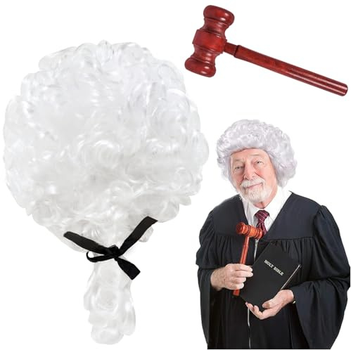 2 Pcs Judge Costume Accessories, Judge Wig Wooden Judge Gavel Toy, Barrister Wig For Court Costume And Role Play, Lawyer Wig Headwear Accessories for Cosplay Halloween Costume Accessories Theme Party