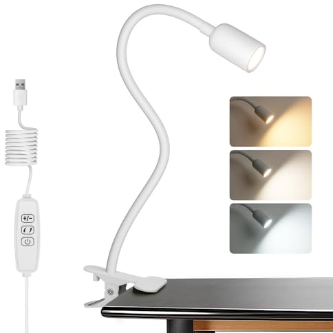 EXTRASTAR LED Desk Lamp, Aluminium Clip on Lamp Eye-Caring with 3 Color Modes and Ajustable Brightness, USB Charging Port, 3.5W 300LM, for Bedroom, Office, White