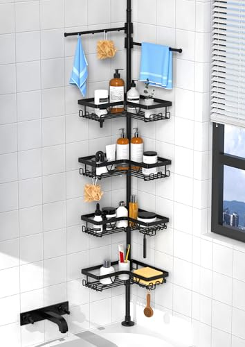 Kegii Telescopic Shower Caddy with 2 Towel Holder, Extendable Bathroom Caddy Corner Shower Organiser, Rustproof Bathtub Storage Shelves for Shampoo(Floor to Ceiling 63.5-290cm)